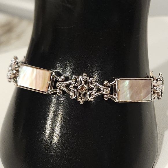 Vintage Pink Mother of Pearl Art Deco Silver Plated Panel Link Bracelet 7.5-inch - Picture 1 of 12